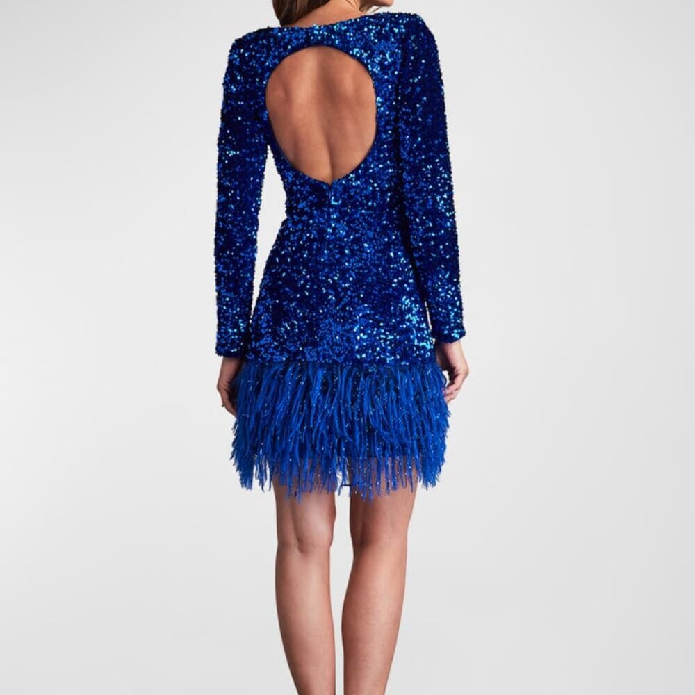 Sho by Tadashi Shoji Neon Blue Cutout Sequin Faux Fur-Trim Mini Dress - Picture 2 of 3